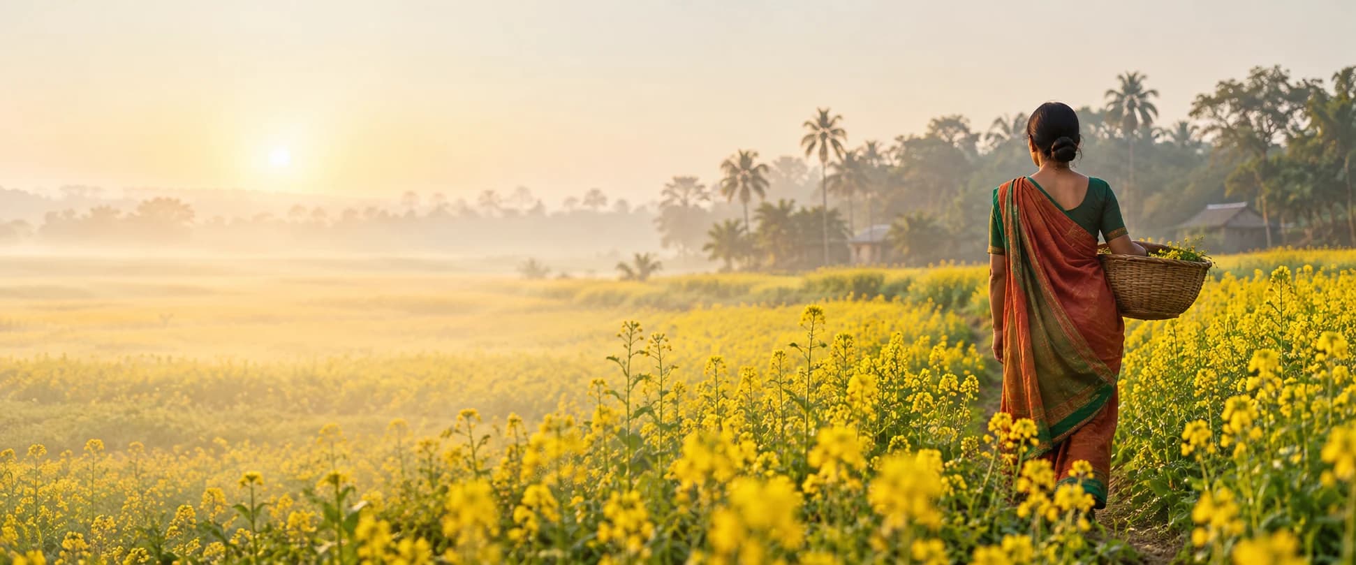 Golden mustard flowers in a sunlit field, with a woman carrying a woven basket.