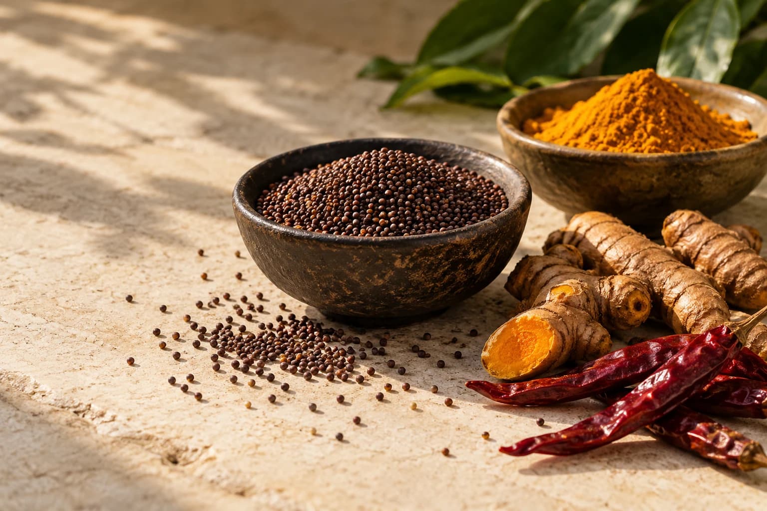 Mustard seeds, turmeric roots and dried chilies arranged on natural stone.