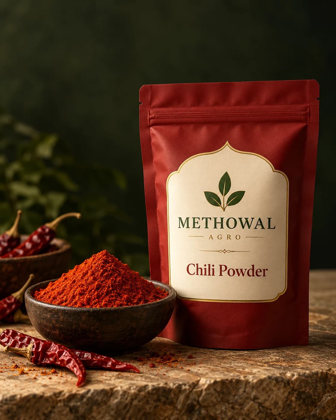METHOWAL chili packaging concept beside dried chilies and a bowl of chili powder.