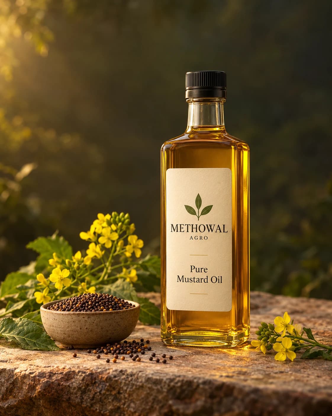 METHOWAL mustard oil packaging concept surrounded by mustard flowers and seeds.