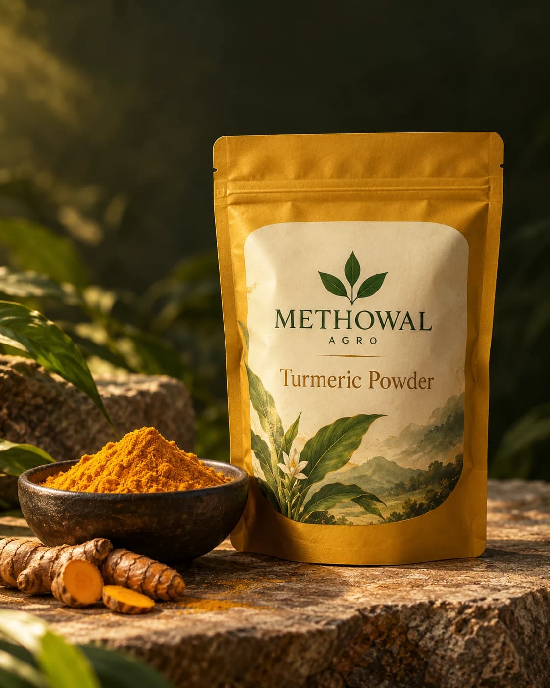 METHOWAL turmeric packaging concept beside turmeric roots and a bowl of golden powder.